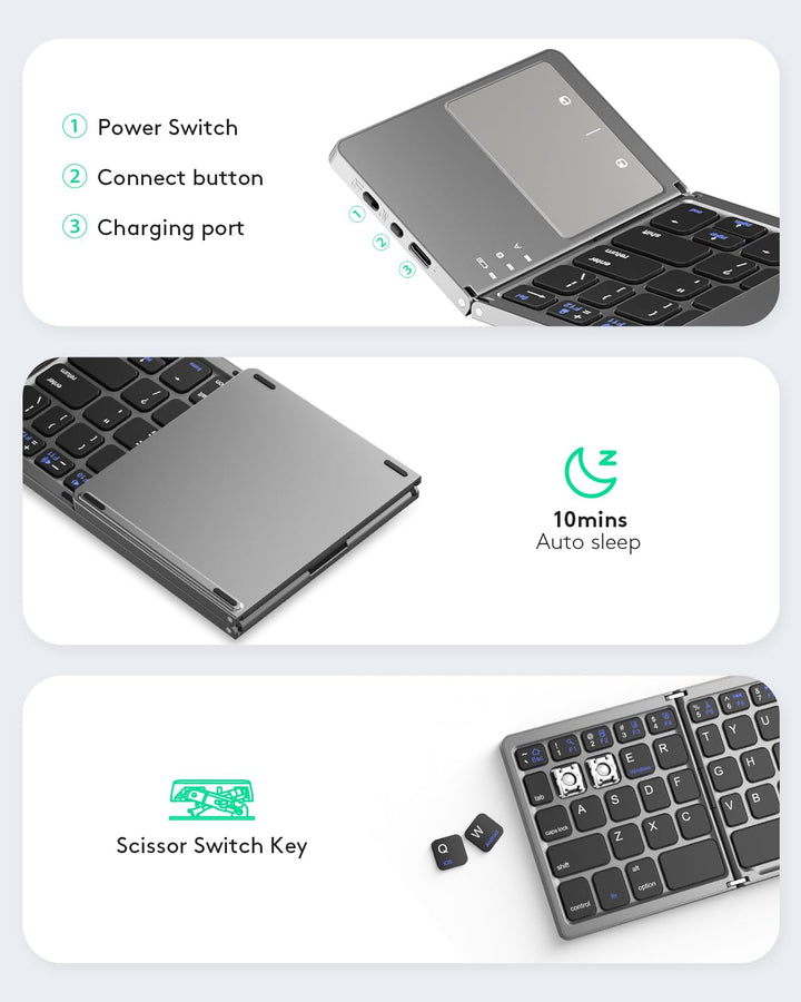 Foldable Bluetooth Keyboard with Touchpad Portable Wireless Keyboard with Stand Holder, Rechargeable Full Size Ultra Slim Pocket Folding Keyboard for Android Windows iOS Tablet & Laptop-Gray