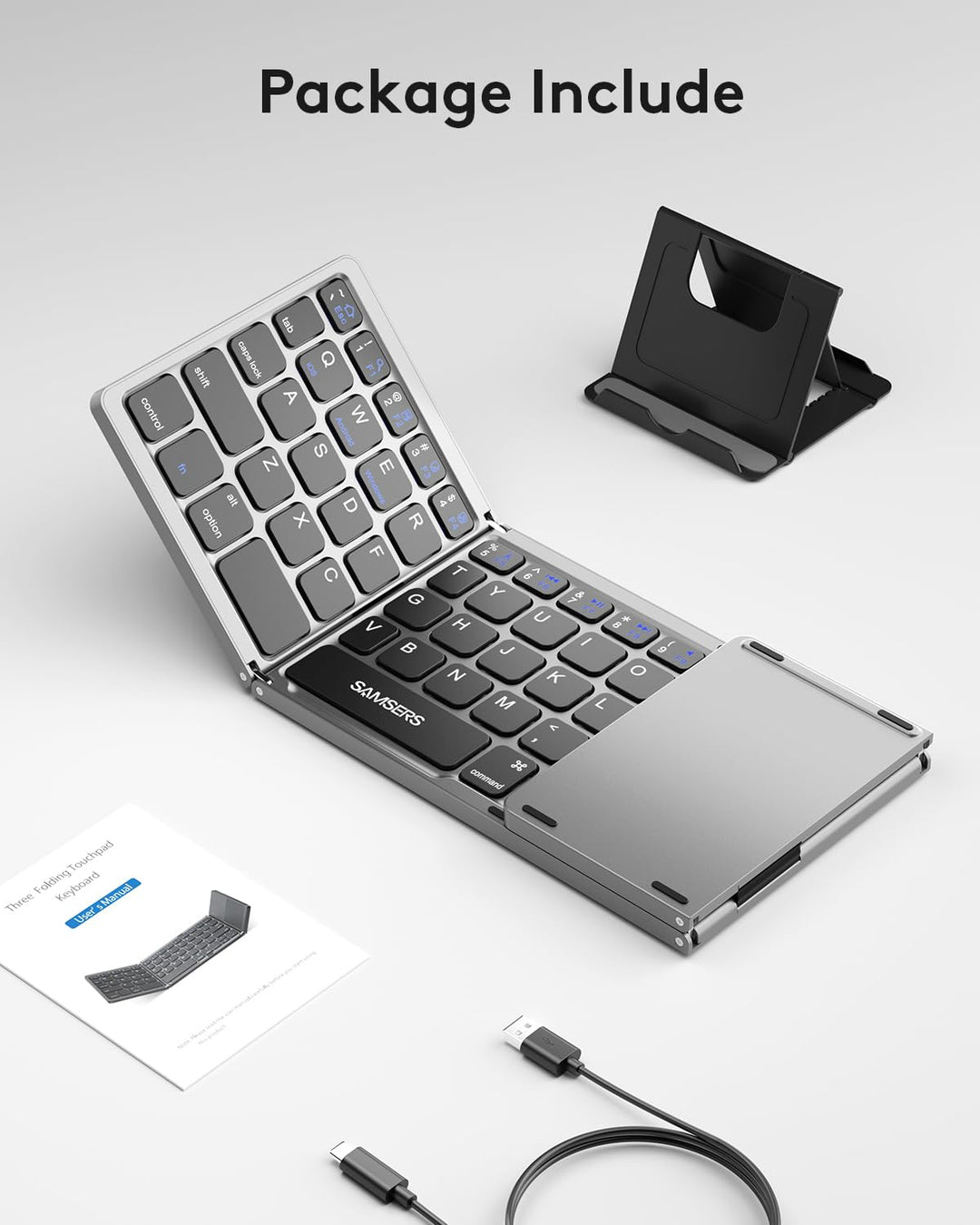 Foldable Bluetooth Keyboard with Touchpad Portable Wireless Keyboard with Stand Holder, Rechargeable Full Size Ultra Slim Pocket Folding Keyboard for Android Windows iOS Tablet & Laptop-Gray