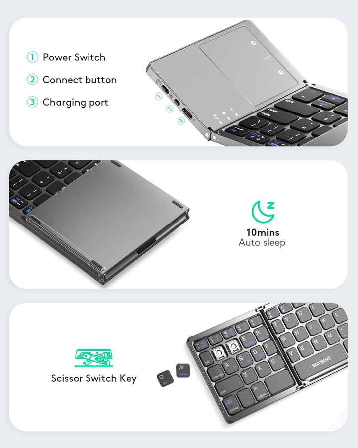 Foldable Bluetooth Keyboard with Touchpad Portable Wireless Keyboard with Stand Holder, Rechargeable Full Size Ultra Slim Pocket Folding Keyboard for Android Windows iOS Tablet & Laptop-Gray