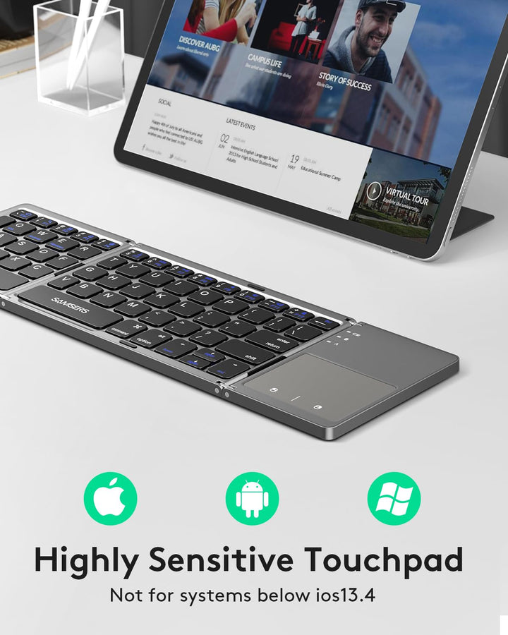 Foldable Bluetooth Keyboard with Touchpad Portable Wireless Keyboard with Stand Holder, Rechargeable Full Size Ultra Slim Pocket Folding Keyboard for Android Windows iOS Tablet & Laptop-Gray