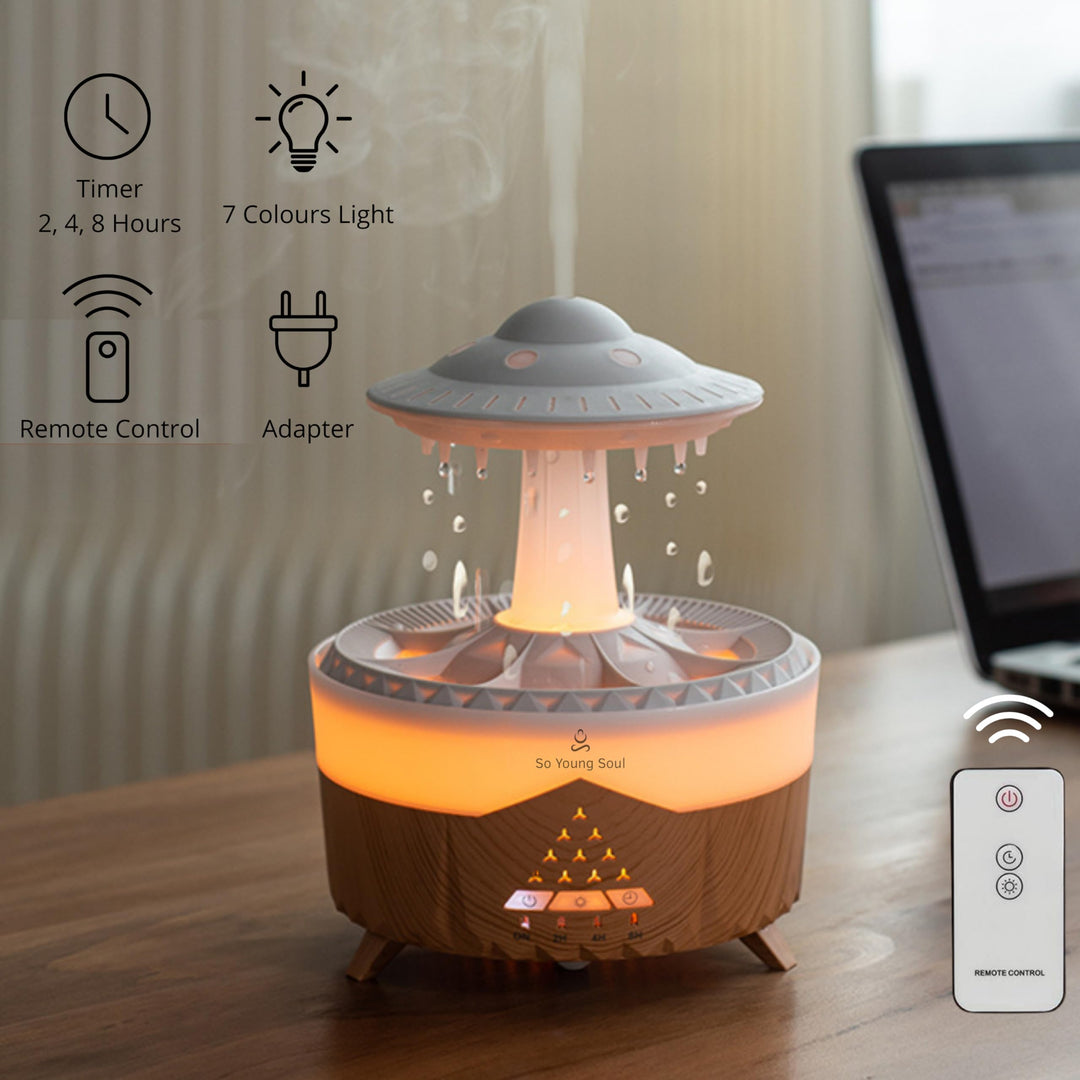 Cloud Rain Humidifiers Essential Oil Diffuser with 7 Colors nightlights Aromatherapy Diffuser Desk Fountain for Relaxing Mood Waterdrop Sound Rain Drop Diffuser Rain Sound Lamp (White, 350 ml)