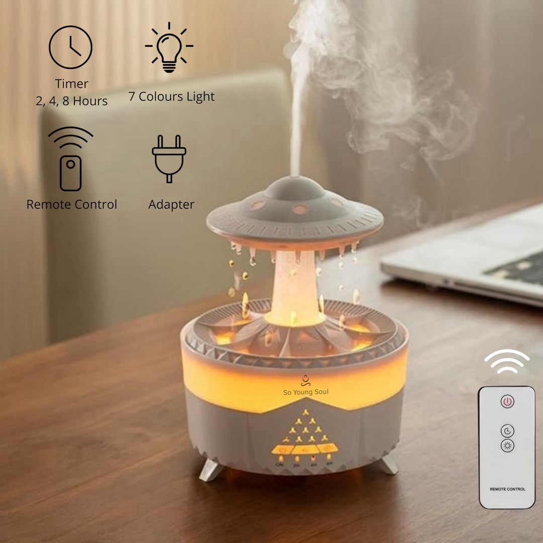 Cloud Rain Humidifiers Essential Oil Diffuser with 7 Colors nightlights Aromatherapy Diffuser Desk Fountain for Relaxing Mood Waterdrop Sound Rain Drop Diffuser Rain Sound Lamp (White, 350 ml)