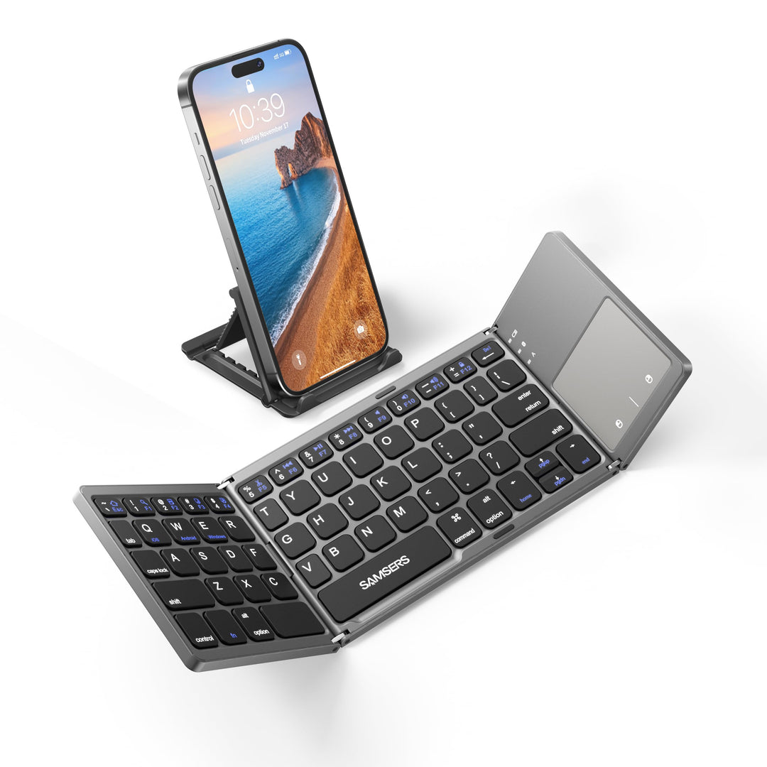 Foldable Bluetooth Keyboard with Touchpad Portable Wireless Keyboard with Stand Holder, Rechargeable Full Size Ultra Slim Pocket Folding Keyboard for Android Windows iOS Tablet & Laptop-Gray