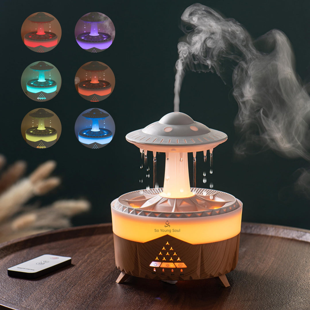 Cloud Rain Humidifiers Essential Oil Diffuser with 7 Colors nightlights Aromatherapy Diffuser Desk Fountain for Relaxing Mood Waterdrop Sound Rain Drop Diffuser Rain Sound Lamp (White, 350 ml)